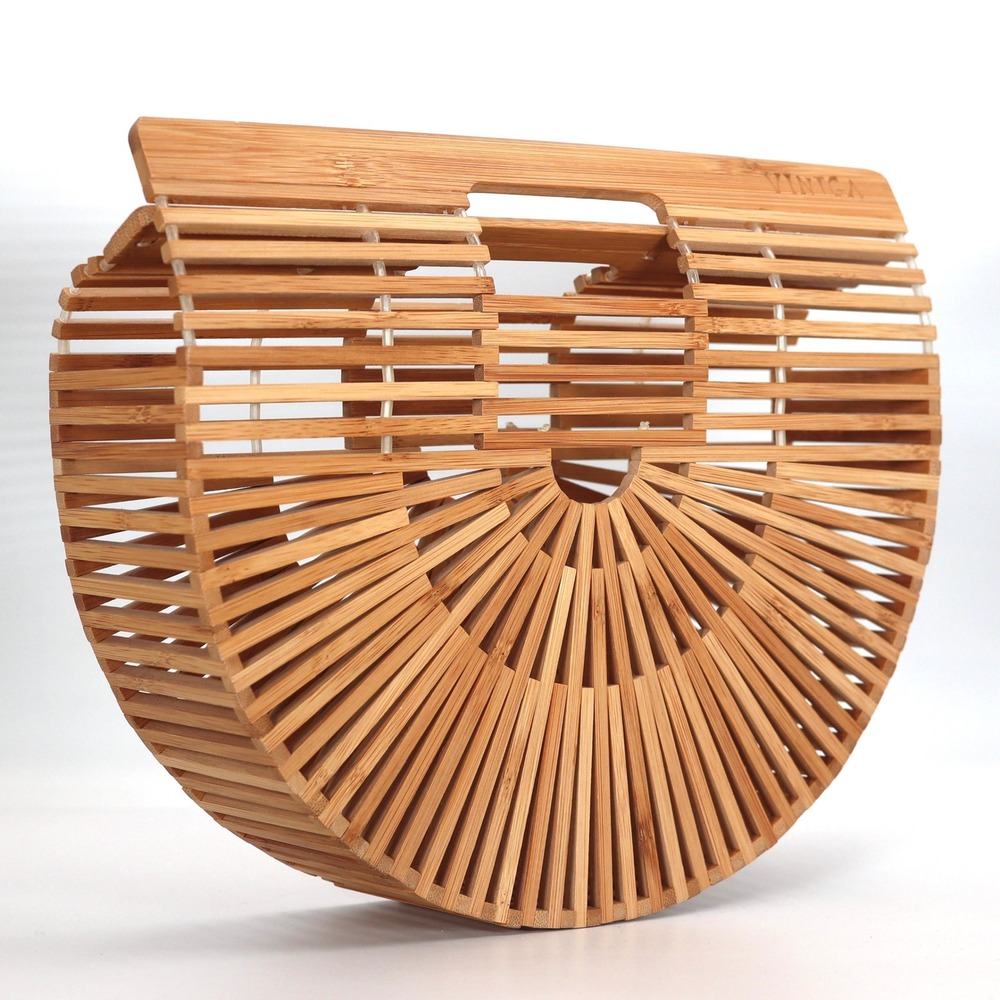 Vintga Bamboo Handbag Womens Medium Brown Ark Style Wood Slatted Summer Beach